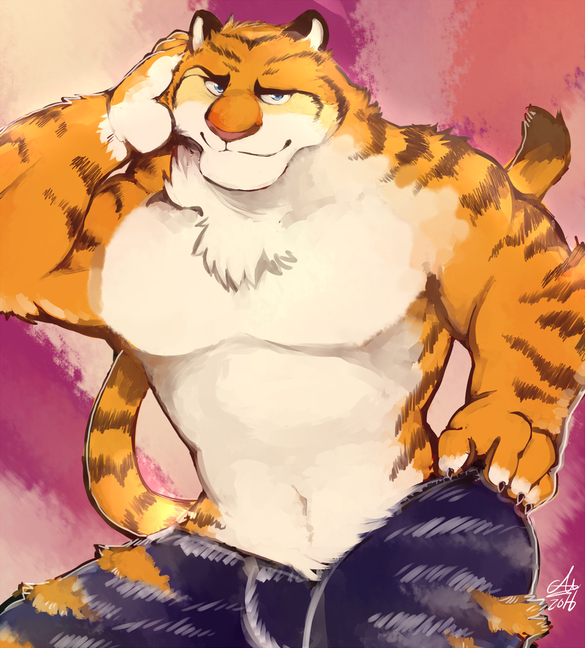 anthro blue_eyes chest_tuft clothed clothing disney feline fur hand_on_head hi_res looking_at_viewer male mammal shorts smile solo stripes stripper_tiger_(zootopia) tiger topless tuft zootopia zootopia_shorts