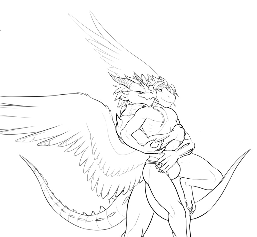 anthro bulge cerezo clothed clothing dragon duo feathered_wings feathers horn male male/male scalie simple_background smile white_background wings