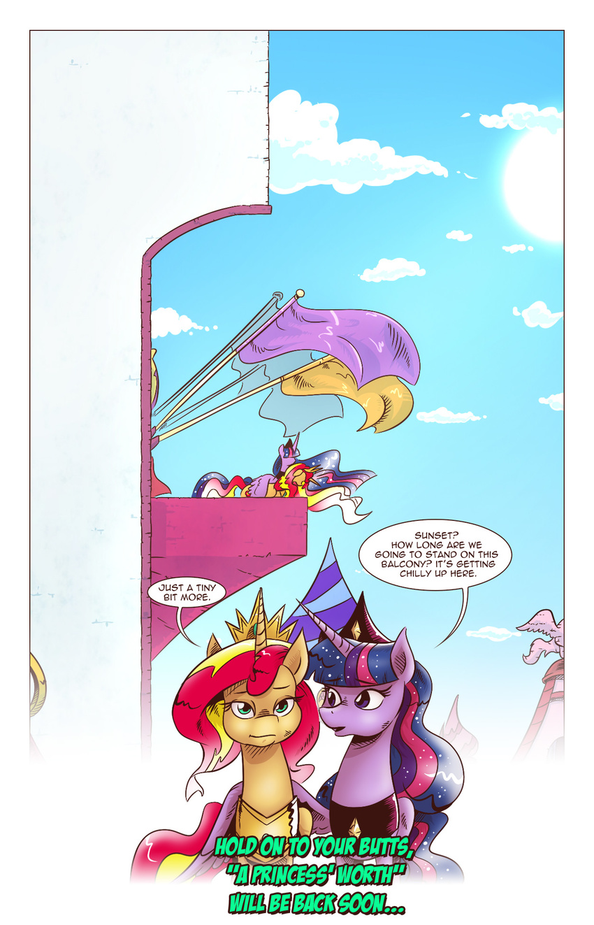 2017 canterlot comic crown equestria_girls equine female friendship_is_magic hi_res horn jewelry mammal my_little_pony necklace saturdaymorningproj sunset_shimmer_(eg) tower twilight_sparkle_(mlp) winged_unicorn wings