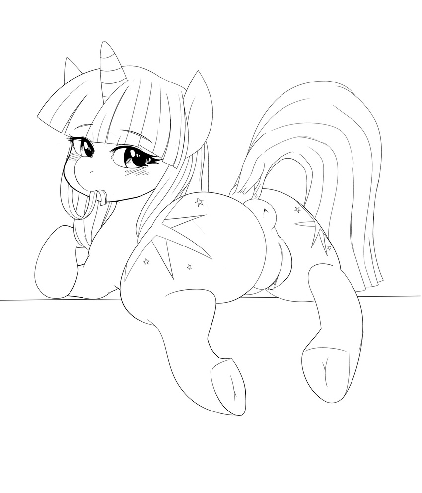 2016 absurd_res anus blush butt clitoris cutie_mark dock doggie999 equine female feral friendship_is_magic hair half-closed_eyes hi_res hooves horn line_art looking_at_viewer looking_back mammal my_little_pony pussy raised_tail rear_view solo twilight_sparkle_(mlp) underhoof unicorn