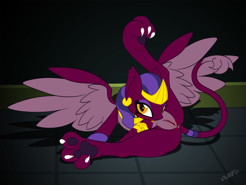 2017 3_toes 4:3 claws female friendship_is_magic hi_res looking_at_viewer miniferu my_little_pony pussy solo sphinx sphinx_(mlp) spread_legs spreading toe_claws toes tongue tongue_out wings