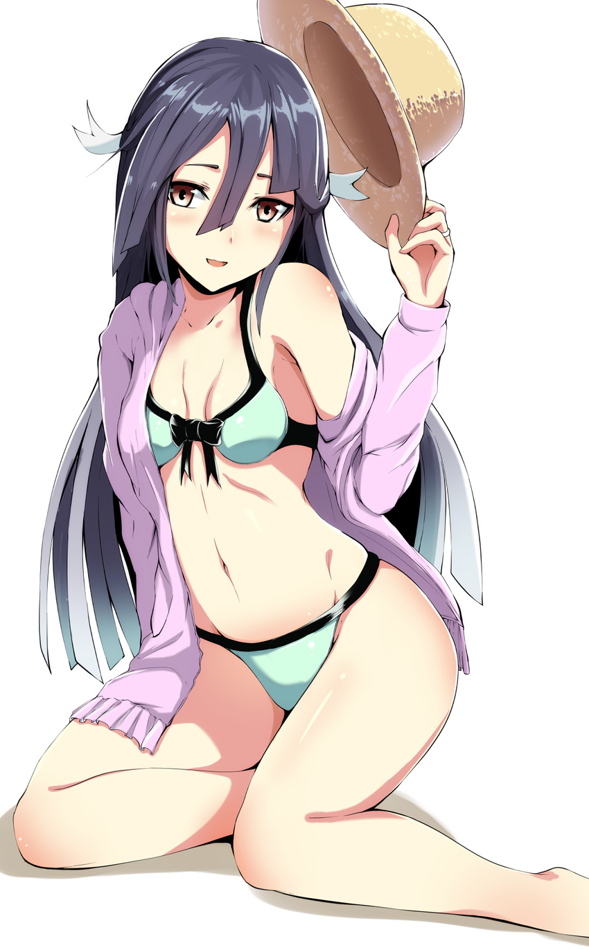 :d barefoot bikini black_hair bondo_(borndragon) green_bikini hair_between_eyes hat hat_removed hayashimo_(kantai_collection) headwear_removed highres holding holding_hat kantai_collection long_hair long_sleeves looking_at_viewer open_mouth red_eyes simple_background smile solo swimsuit white_background