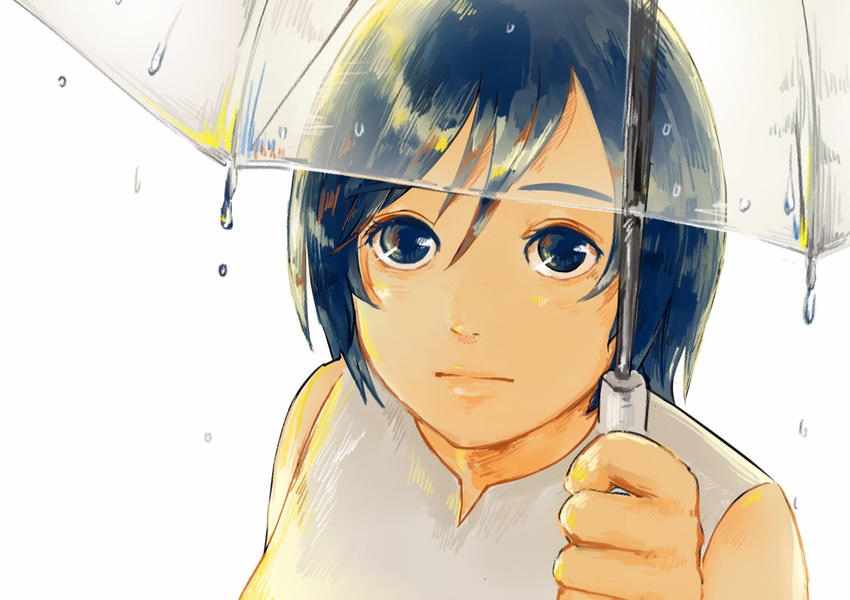 bangs blue_eyes blue_hair closed_mouth commentary expressionless face hair_between_eyes highres holding holding_umbrella looking_at_viewer looking_up medium_hair sako_(user_ndpz5754) simple_background solo transparent transparent_umbrella umbrella water_drop white_background