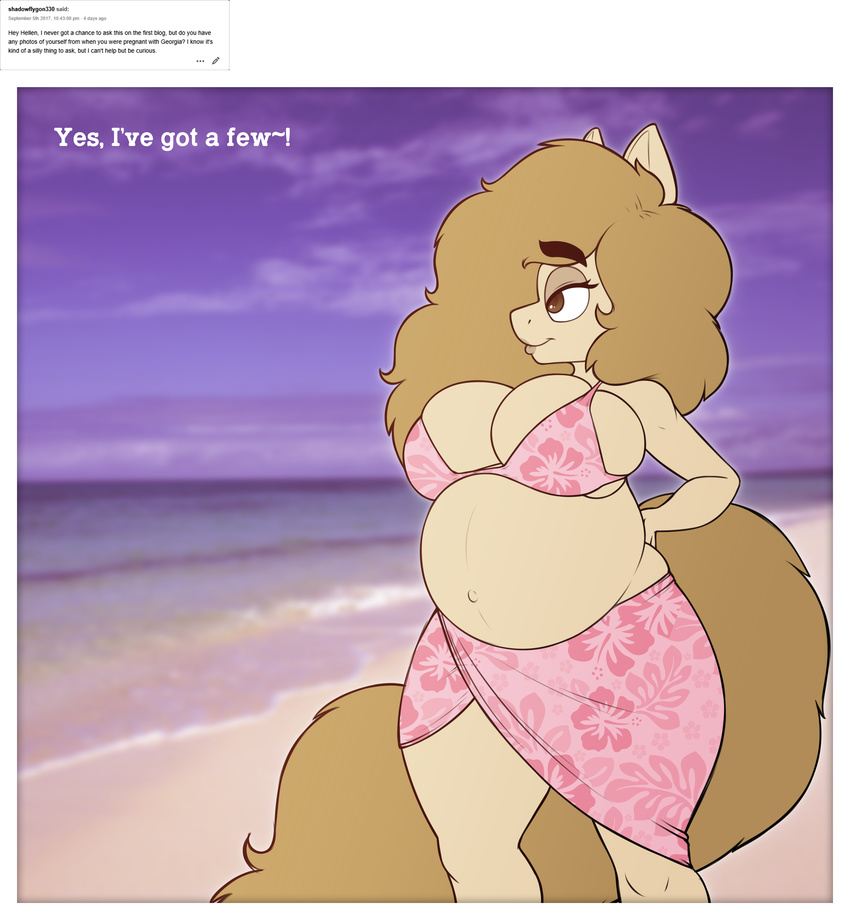 2017 anthro beach bikini blonde_hair breasts brown_eyes cleavage clothed clothing english_text equine fan_character female hair hellen_lockheart horse mammal my_little_pony pony pregnant seaside solo stunnerpony swimsuit text