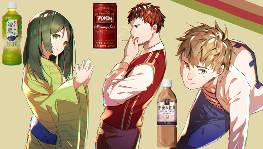 2boys absurdres brown_hair can canned_coffee cigarette facial_hair green_hair green_tea highres jacket japanese_clothes kimono long_hair multiple_boys nazono_buru original personification product_boy product_girl profile protected_link red_hair simple_background smoking stubble tan_background tea waistcoat wonda_coffee