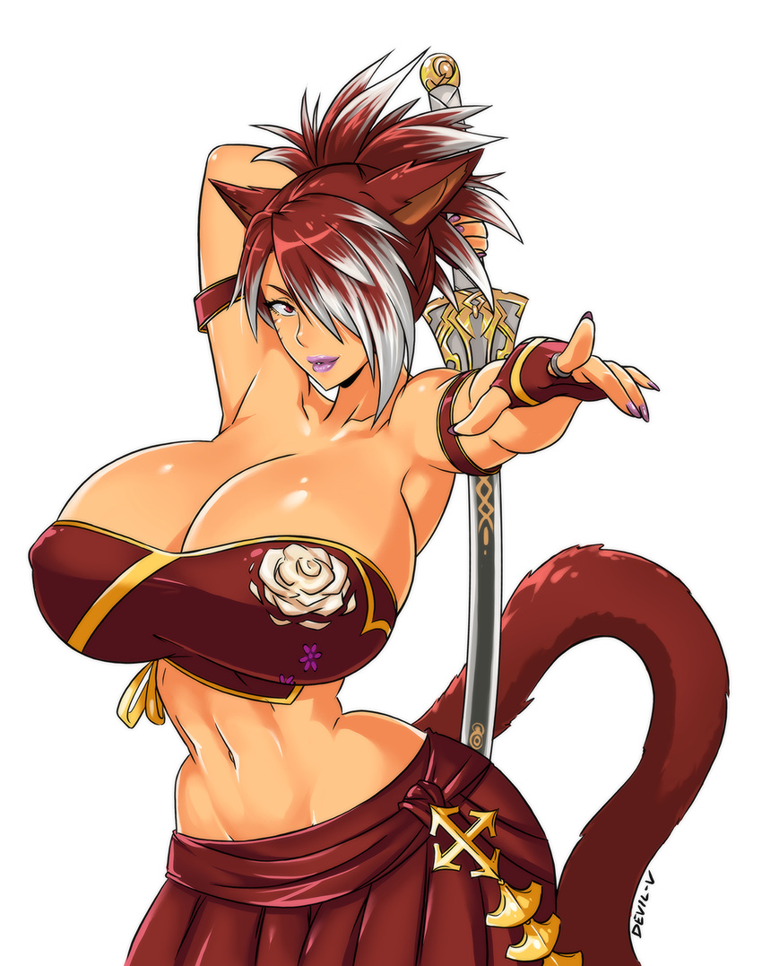 1girl breasts brown_hair cat_ears cat_tail devil-v final_fantasy final_fantasy_xiv huge_breasts miqo'te purple_lips sword