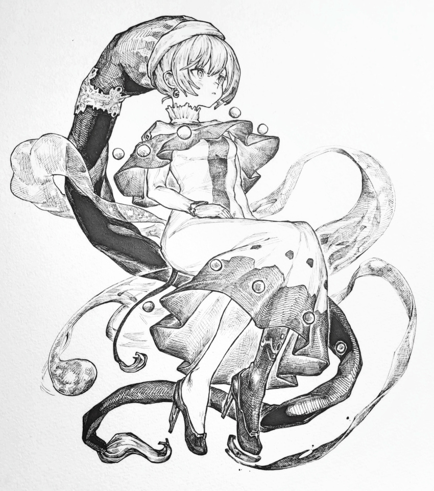 1girl absurdres asymmetrical_legwear bangs black_footwear breasts doremy_sweet dress earrings eyebrows_visible_through_hair greyscale hair_between_eyes hat high_heels highres jewelry long_sleeves mashimashi monochrome nightcap pom_pom_(clothes) short_hair simple_background small_breasts solo touhou white_background