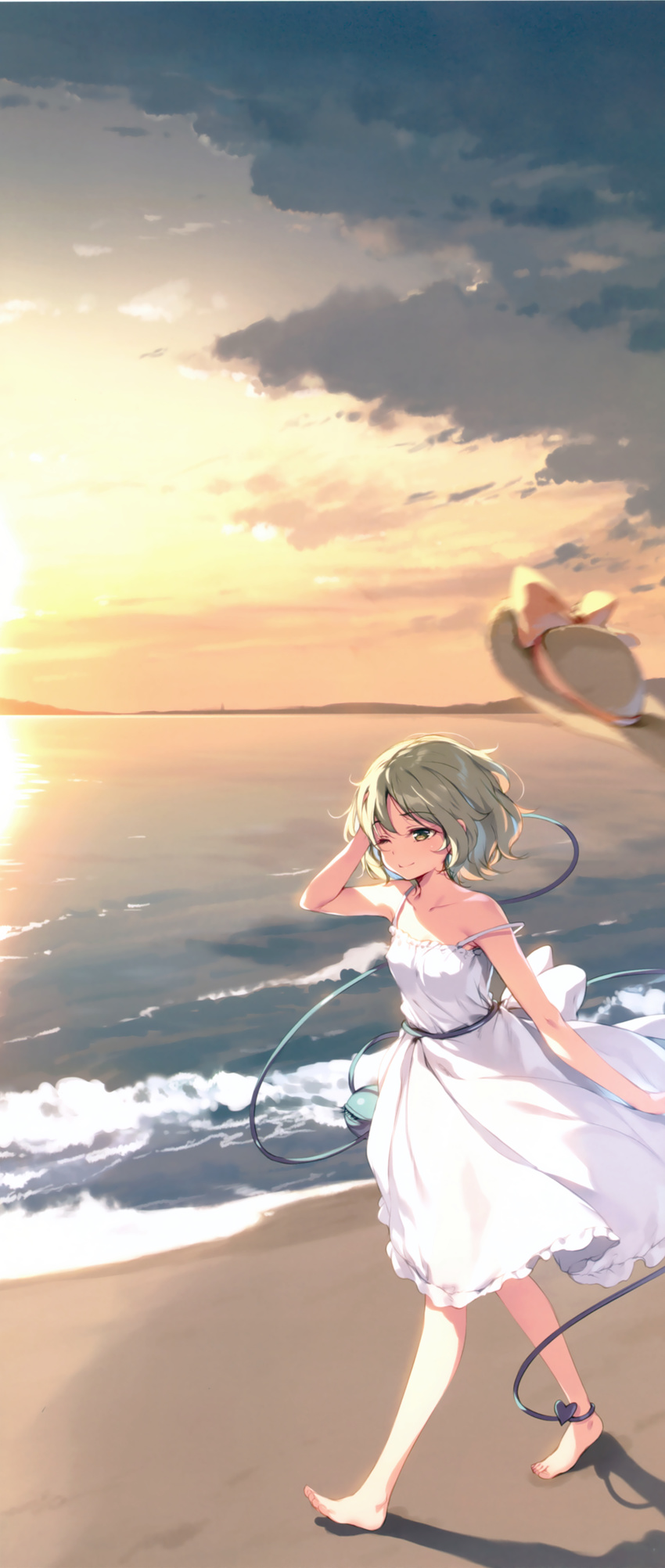 ;) absurdres arm_up bare_legs barefoot beach blurry bow breasts cloud cloudy_sky cropped dress full_body green_eyes green_hair hand_in_hair hat hat_bow hat_loss hat_removed hat_ribbon headwear_removed heart highres horizon ke-ta komeiji_koishi ocean one_eye_closed outdoors ribbon scan short_hair sky small_breasts smile solo strap_slip sun_hat sundress sunset third_eye touhou translation_request walking waves white_dress wind