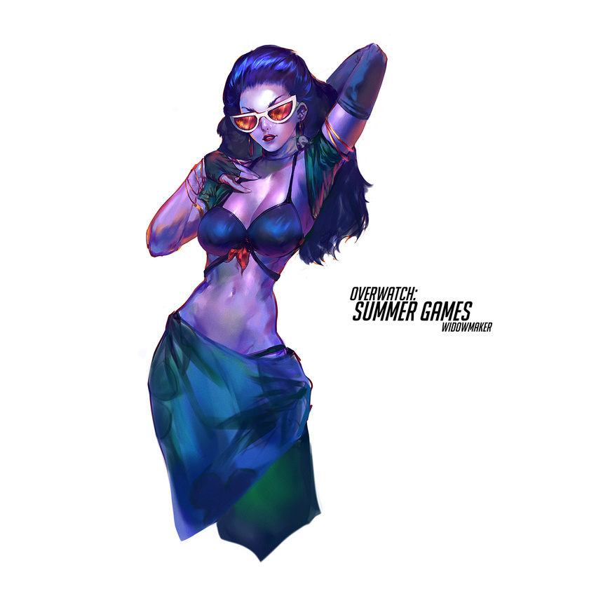 alternate_costume anton_oxenuk arm_behind_head bikini bracelet breasts cleavage cote_d'azur_widowmaker earrings fingerless_gloves gloves highres hoop_earrings jewelry large_breasts navel overwatch parted_lips purple_hair purple_skin sarong simple_background solo stomach sunglasses swimsuit toned upper_body widowmaker_(overwatch)