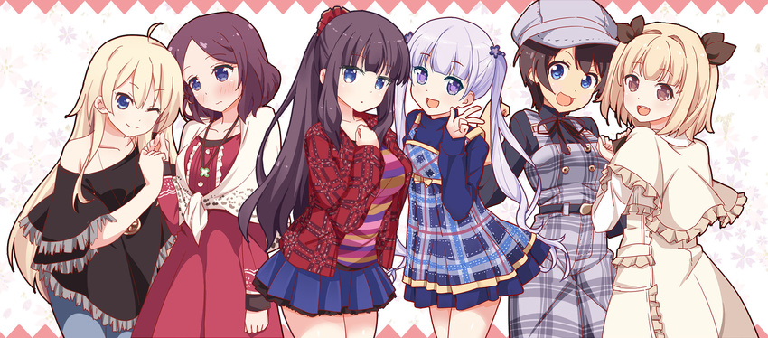 :d ;) bangs blonde_hair blue_eyes blunt_bangs brown_eyes brown_hair capelet dress frills hat highres iijima_yun kisachi lavender_hair long_hair looking_at_viewer miniskirt multiple_girls new_game! off_shoulder one_eye_closed open_mouth overalls plaid plaid_dress plaid_shirt pleated_dress pleated_skirt poncho ponytail purple_eyes purple_hair shinoda_hajime shirt short_dress short_hair skirt smile striped striped_shirt suzukaze_aoba takimoto_hifumi tooyama_rin twintails v very_long_hair yagami_kou