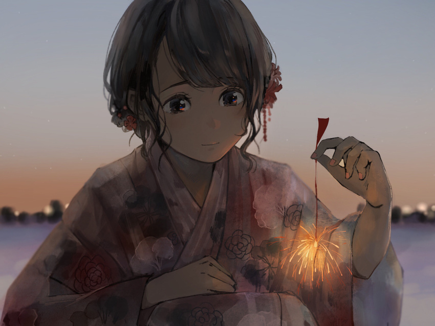 bangs black_hair blunt_bangs brown_eyes closed_mouth commentary_request eye_reflection eyebrows_visible_through_hair fireworks floral_print flower hair_flower hair_ornament hand_on_lap highres holding japanese_clothes kimono long_sleeves looking_down nail_polish original pink_nails reflection sako_(user_ndpz5754) senkou_hanabi sky solo sparkler squatting summer sunset tied_hair wide_sleeves yukata