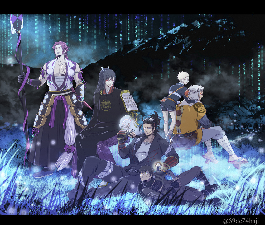 69bones armor binary doudanuki_masakuni glowing goggles goggles_on_head grass hakata_toushirou hat high_ponytail highres japanese_armor japanese_clothes jumpsuit kariginu kote letterboxed light_infantry_(touken_ranbu) looking_at_another male_focus multiple_boys nihongou_(touken_ranbu) polearm pom_pom_(clothes) rice_hat short_hair shorts sideburns sitting spear tarou_tachi tattoo tonbokiri_(touken_ranbu) touken_ranbu tousou_(touken_ranbu) twitter_username uniform weapon yamabushi_kunihiro yari