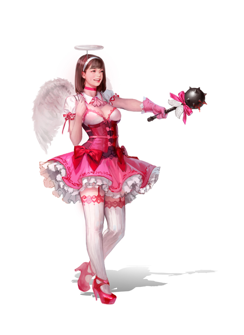 absurdres angel_wings bad_artstation_id bad_id bangs blunt_bangs bow breasts brown_hair choker cleavage collar corset feathered_wings full_body garter_straps gloves hairband halo heart high_heels highres holding j._won_han lips medium_breasts original parted_lips pink_bow pink_choker pink_footwear pink_gloves pink_ribbon pink_skirt puffy_short_sleeves puffy_sleeves red_bow ribbed_legwear ribbon shadow shoes short_hair short_sleeves simple_background single_glove skirt solo standing teeth thighhighs white_background white_hairband white_legwear white_wings wings