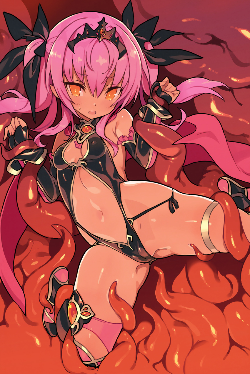 absurdres asymmetrical_legwear black_ribbon blade_(galaxist) blush breasts cameltoe covered_nipples dark_skin elbow_gloves fingerless_gloves frills gloves hair_ribbon headpiece highres looking_at_viewer navel navel_cutout open_mouth orange_eyes original pink_legwear restrained revealing_clothes ribbon shiny shiny_hair shiny_skin single_thighhigh small_breasts solo spread_legs tentacles thighhighs thighlet twintails