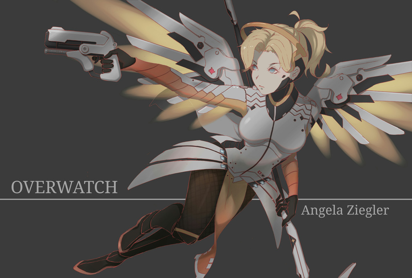 absurdres aiming blonde_hair blue_eyes bodysuit breasts brown_legwear character_name copyright_name dual_wielding faulds finger_on_trigger full_body glowing glowing_wings greaves grey_background gun hair_tie handgun high_ponytail highres holding holding_gun holding_staff holding_weapon looking_to_the_side mechanical_halo mechanical_wings medium_breasts mercy_(overwatch) outstretched_arm overwatch pantyhose pelvic_curtain pistol simple_background solo spread_wings staff weapon wings yellow_wings zuosi_zhichu