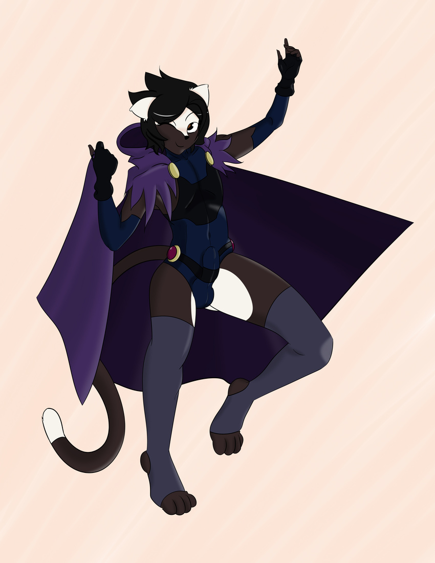 anthro balls brown_eyes brushcat bulge cape cat clothed clothing cosplay crossdressing crossplay dc_comics erection feline girly jenny_(brushcat) legwear male mammal penis penis_outline raven_(teen_titans) teen_titans