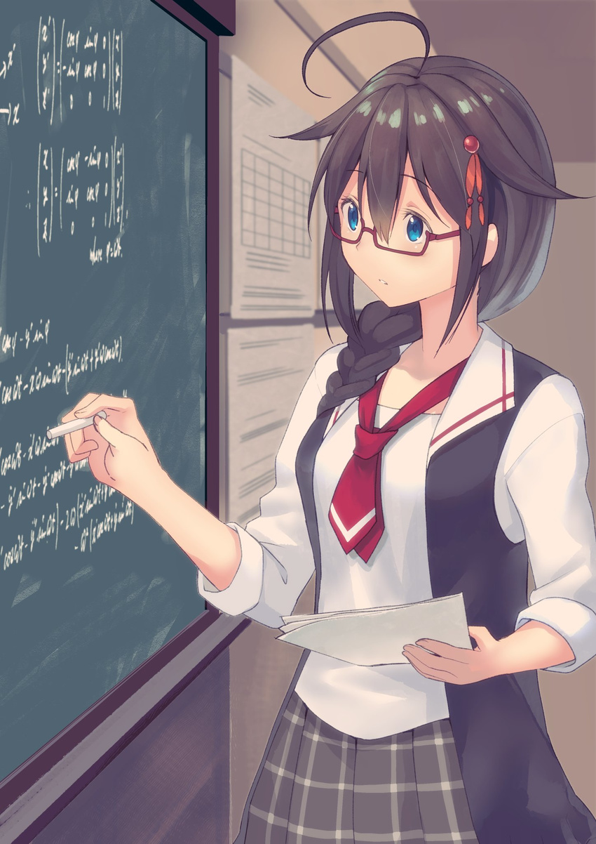 ahoge bespectacled black_hair blue_eyes braid chalk chalkboard commentary_request glasses hair_flaps hair_ornament hair_over_shoulder hairclip highres kantai_collection long_hair masukuza_j math neckerchief red-framed_eyewear red_neckwear remodel_(kantai_collection) school_uniform shigure_(kantai_collection) single_braid skirt sleeves_folded_up solo