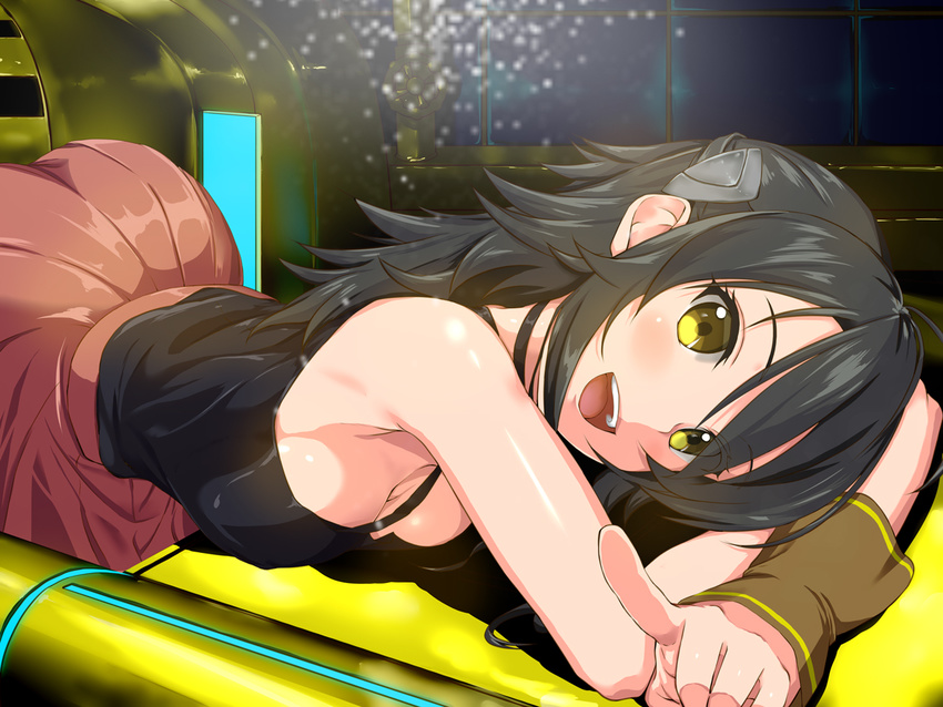 :d adeltrud_walter ass bare_shoulders bent_over black_hair breasts cleavage headgear index_finger_raised kakari knight's_&amp;_magic large_breasts long_hair looking_at_viewer lying on_stomach open_mouth pleated_skirt pointing pointing_at_viewer skirt smile solo tank_top yellow_eyes
