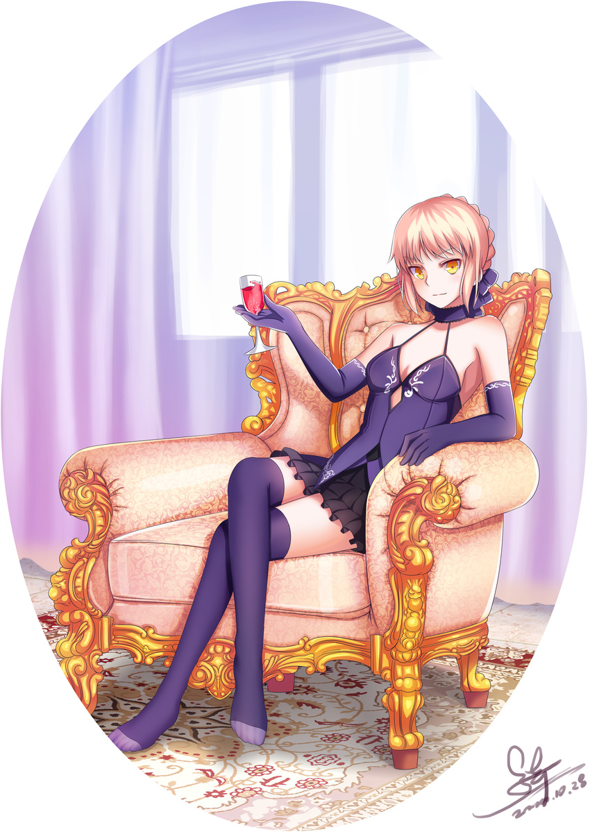 absurdres alcohol armchair artoria_pendragon_(all) bare_shoulders black_skirt blonde_hair border breasts chair cleavage closed_mouth crossed_legs cup cupping_glass curtains dated drinking_glass elbow_gloves fate/hollow_ataraxia fate_(series) gloves hair_ribbon halterneck highres holding holding_cup indoors looking_at_viewer medium_breasts miniskirt no_shoes purple_gloves purple_legwear purple_ribbon purple_shirt qq1065091829 ribbon round_image rug saber_alter shirt short_hair sideboob signature sitting skirt sleeveless sleeveless_shirt smirk solo thighhighs tsurime white_background white_border wine wine_glass yellow_eyes zettai_ryouiki