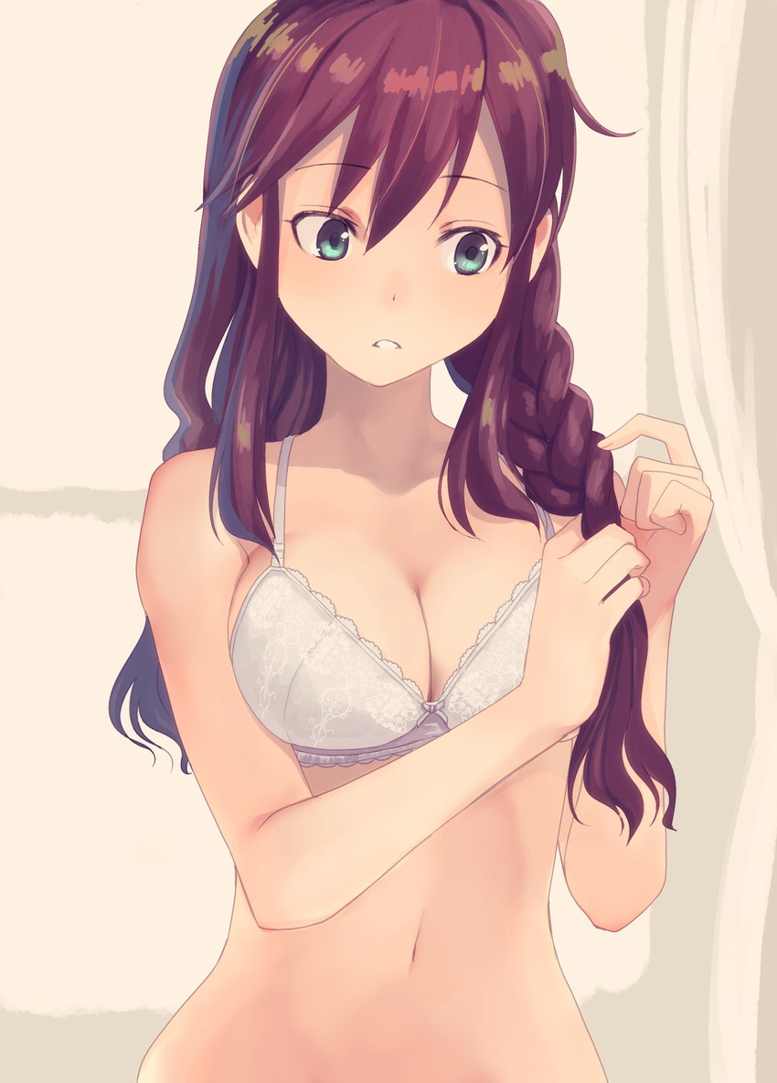 blue_eyes bra braid braiding_hair breasts cleavage collarbone commentary_request eyebrows_visible_through_hair hair_half_undone hair_over_shoulder hairdressing highres indoors kantai_collection large_breasts long_hair looking_away masukuza_j navel noshiro_(kantai_collection) parted_lips purple_hair sidelocks single_braid solo tying_hair underwear white_bra