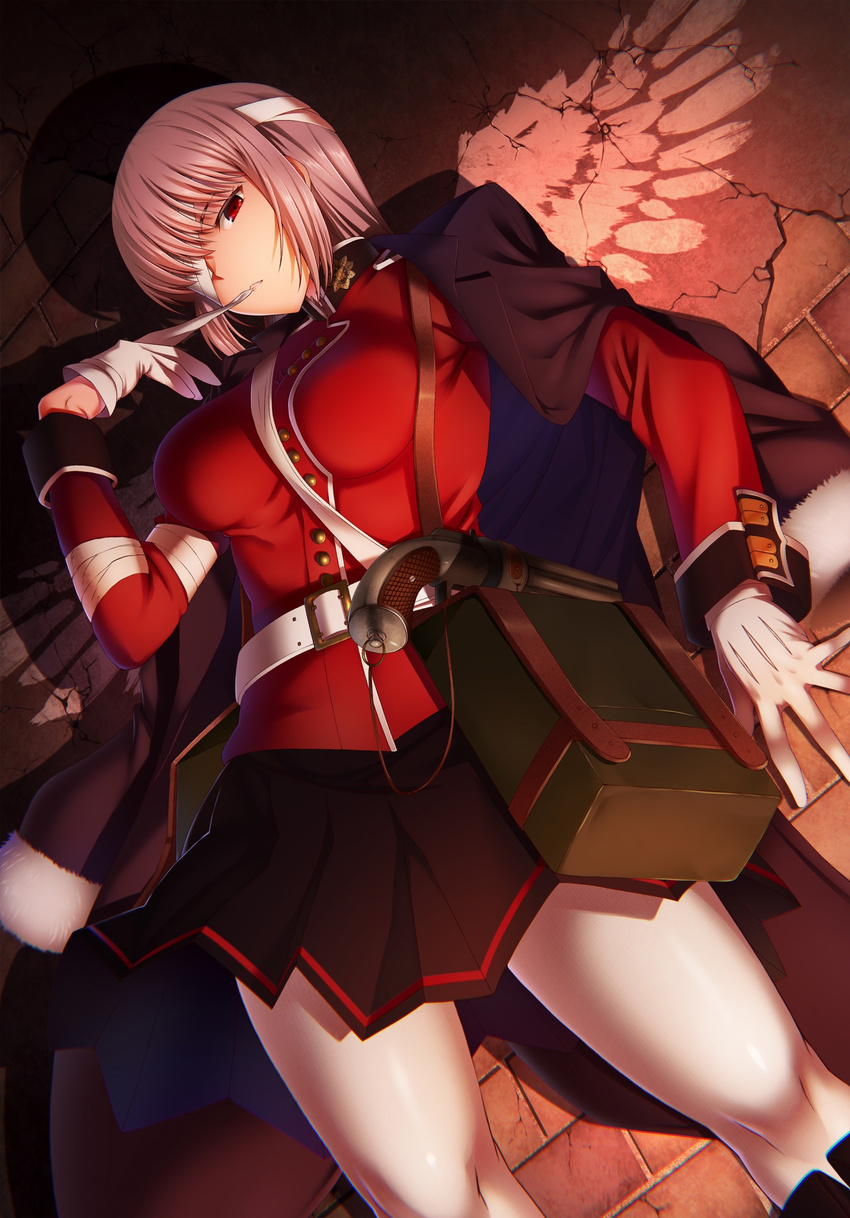 bangs belt biting breasts commentary_request emanon123 fate/grand_order fate_(series) florence_nightingale_(fate/grand_order) glove_biting gloves highres large_breasts long_hair looking_at_viewer military military_uniform pantyhose pepperbox pink_hair red_eyes skirt solo uniform white_gloves