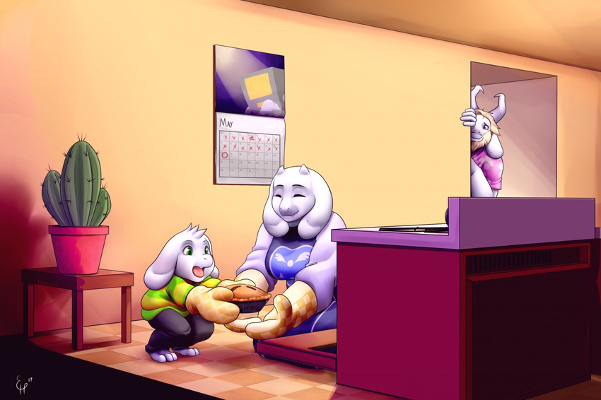 2017 anthro asgore_dreemurr asriel_dreemurr cactus calendar caprine clothed clothing crouching cyrus_physhor eyes_closed food goat group horn inside long_ears male mammal mother mother_and_son open_mouth oven_mitts parent pie son toriel undertale video_games young