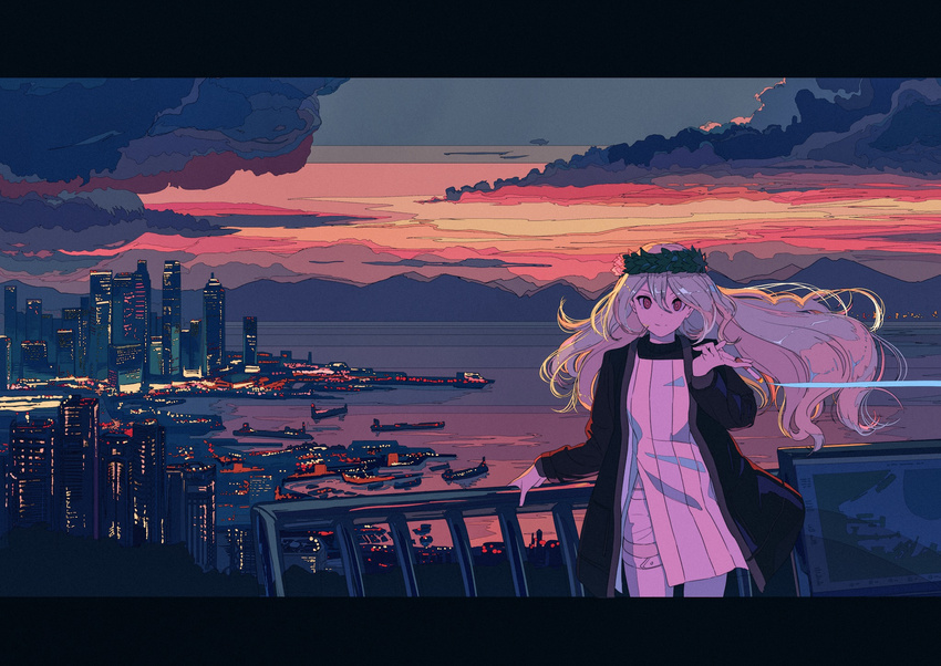 bangs boat building cigarette city city_lights cityscape closed_mouth cloud cloudy_sky commentary_request dot_nose dress hair_between_eyes hand_on_railing head_wreath highres holding holding_cigarette horizon kogecha_(coge_ch) letterboxed long_hair long_sleeves mountainous_horizon ocean original outdoors railing red_eyes red_sky scenery shore silver_hair sky skyscraper smile solo standing striped striped_dress thighhighs watercraft white_legwear