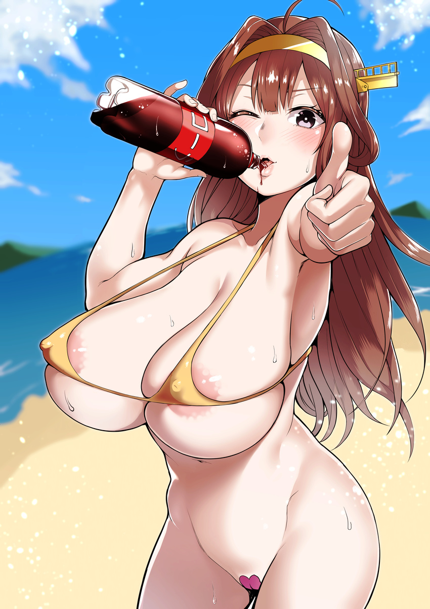 absurdres ahoge areola_slip areolae beach bikini blue_sky blush bottomless breasts brown_eyes brown_hair cloud cola covered_nipples cowboy_shot day double_bun drinking foreshortening hair_intakes hairband headdress headgear highres huge_breasts kantai_collection kayumidome kongou_(kantai_collection) large_areolae lips long_hair looking_at_viewer maebari one_eye_closed outdoors skindentation sky smile soda_bottle solo sweat swimsuit thumbs_up wet yellow_bikini_top