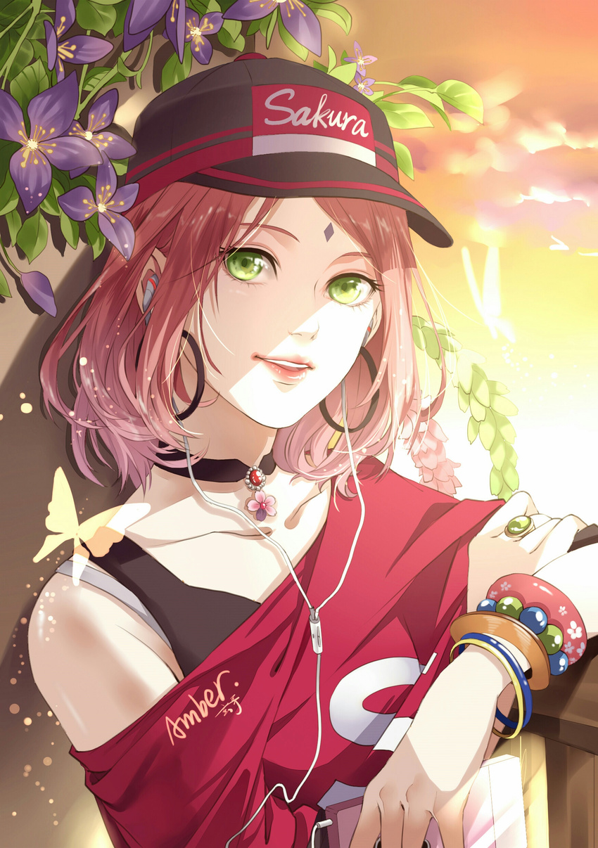 absurdres black_hat boruto:_naruto_next_generations bra bracelet cellphone character_name collarbone earphones earrings flower green_eyes grey_bra haruno_sakura hat highres holding holding_phone jewelry looking_at_viewer makeup naruto naruto_(series) necklace off_shoulder outdoors parted_lips phone pink_hair purple_flower red_shirt ring shi_er_xian shirt short_hair smartphone smile solo underwear upper_body visor_cap