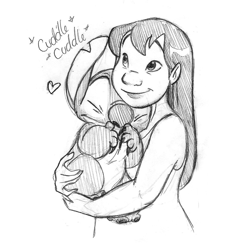 &lt;3 2014 absurd_res aged_up alien claws cuddling disney duo experiment_(species) eyes_closed greyscale hair hi_res holding_character human jackfreak1994 lilo_and_stitch lilo_pelekai long_hair mammal monochrome notched_ear pencil_(artwork) simple_background sketch smile stitch traditional_media_(artwork) white_background