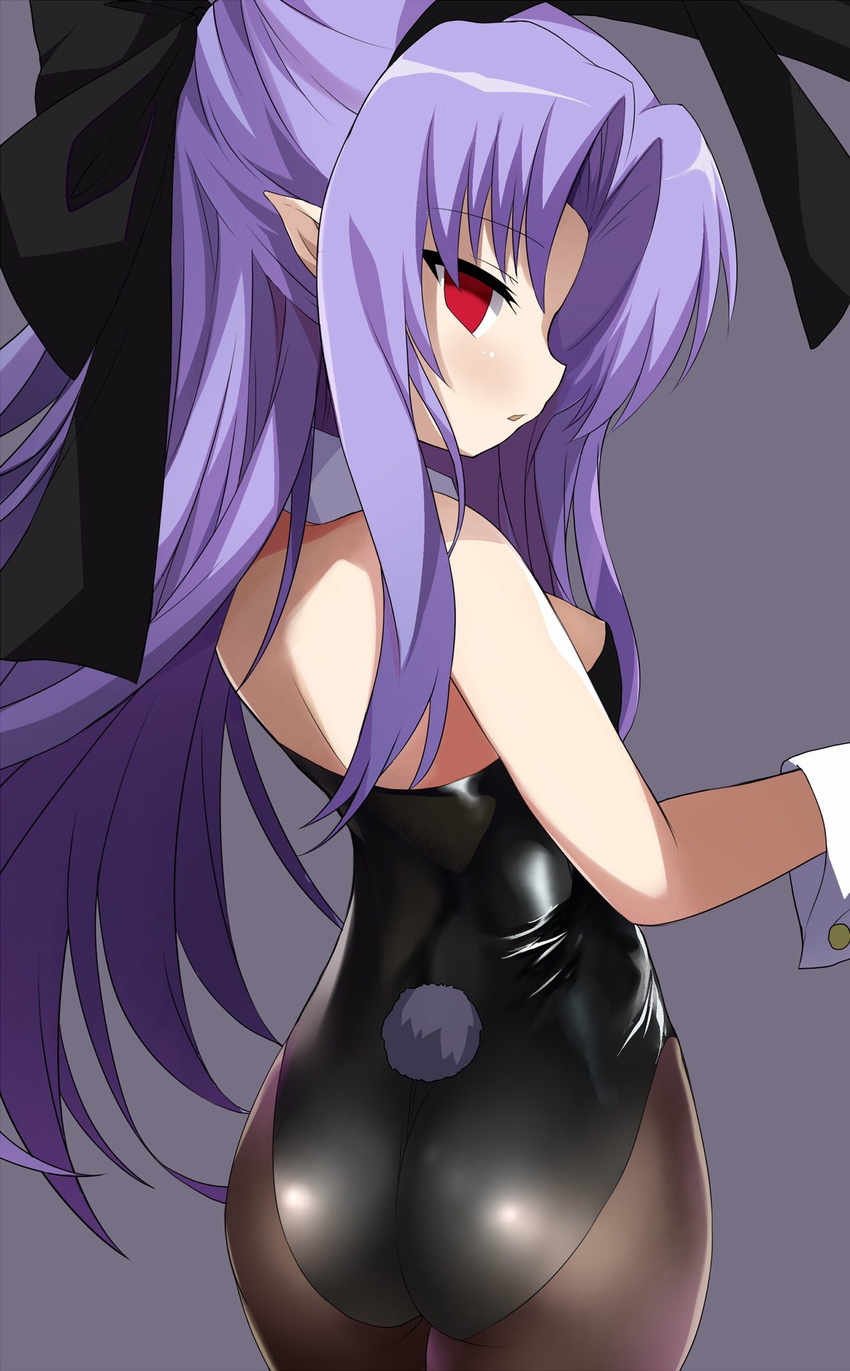 animal_ears ass black_legwear black_leotard bow breasts bunny_ears bunny_tail bunnysuit detached_collar empty_eyes fake_animal_ears from_behind highres len leotard long_hair looking_back melty_blood pantyhose pointy_ears purple_hair red_eyes ribbon shimejinameko sideboob small_breasts solo strapless strapless_leotard tail tsukihime wrist_cuffs