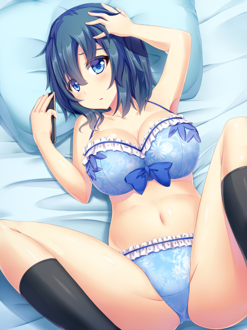 bed black_hair black_legwear blue_eyes blush breasts cellphone cleavage collarbone eyebrows_visible_through_hair gamers! hand_on_own_head highres hoshinomori_chiaki kneehighs large_breasts liya looking_at_viewer lying navel on_back on_bed parted_lips phone pillow short_hair solo underwear