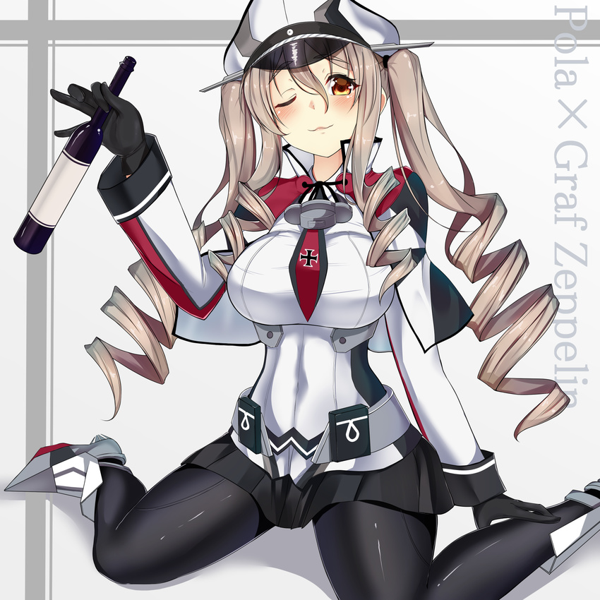 alternate_hairstyle black_gloves black_legwear black_skirt bottle breasts brown_eyes brown_hair capelet character_name cosplay gloves graf_zeppelin_(kantai_collection) graf_zeppelin_(kantai_collection)_(cosplay) hat highres kantai_collection large_breasts long_hair long_sleeves military military_uniform miniskirt one_eye_closed pantyhose peaked_cap pleated_skirt pola_(kantai_collection) sazamiso_rx skirt smile solo twintails uniform wine_bottle