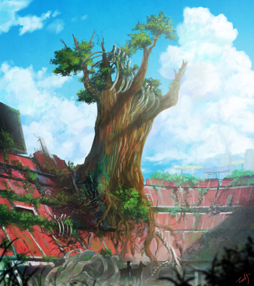 animal bad_id bad_pixiv_id baseball_cap commentary_request day fantasy grass hat highres looking_up moss nurie_(siniariot) original outdoors oversized_animal rooftop ruins scenery short_sleeves signature skeleton skull standing tree