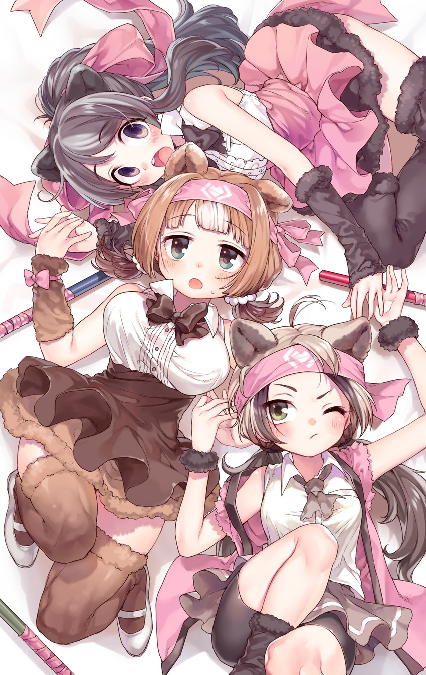 :o ahoge animal_ears aqua_eyes arm_warmers arms_up bandana bare_arms bear_ears bear_girl bed_sheet bergman's_bear_(kemono_friends) bike_shorts black_legwear blush bouncing_breasts bow breast_pocket breasts brown_legwear brown_skirt center_frills collared_shirt extra_ears eyebrows ezo_brown_bear_(kemono_friends) fingernails frilled_shirt frills fur-trimmed_legwear fur_trim gradient_eyes green_eyes grey_hair grey_neckwear grey_skirt hair_bobbles hair_bow hair_ornament hair_ribbon hanten_(clothes) high-waist_skirt high_ponytail highres holding_hands jpeg_artifacts kemono_friends knee_up kodiak_bear_(kemono_friends) large_breasts light_brown_hair long_hair looking_at_viewer looking_up low_twintails lying mary_janes multicolored multicolored_eyes multicolored_hair multiple_girls neckerchief on_back on_side one_eye_closed open_mouth petticoat pink_bandana pink_bow pink_eyes pink_ribbon pink_skirt platinum_blonde_hair pocket ponytail purple_eyes raised_eyebrow ribbon rojiko round_teeth shirt shoes short_hair shorts shorts_under_skirt skirt sleeveless sleeveless_shirt staff sweat tareme teeth thighhighs tsurime twintails two-tone_hair upper_teeth weapon white_footwear white_hair white_shirt wristband zettai_ryouiki