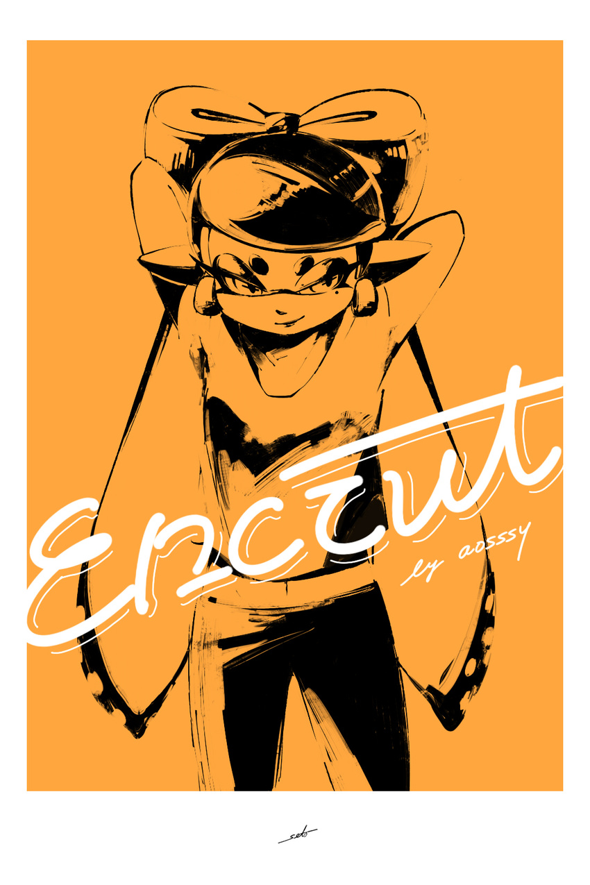 1girl aori_(splatoon) arms_behind_head artist_name casual closed_mouth cowboy_shot domino_mask earrings highres jewelry long_hair long_sleeves looking_at_viewer mask mole mole_under_eye orange_(color) pants pointy_ears seto_(asils) shirt signature smirk solo splatoon_(series) standing t-shirt tentacle_hair