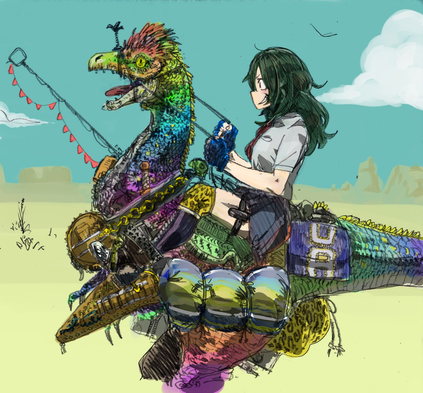 bag boku_no_hero_academia boots cloud dagger day dinosaur dinosaur_riding fangs fingerless_gloves fishing_rod gloves green_hair highres ktkt_iwasi long_hair miniskirt mountain open_mouth riding school_uniform skirt sky solo teeth thighhighs tokage_setsuna tongue tongue_out weapon