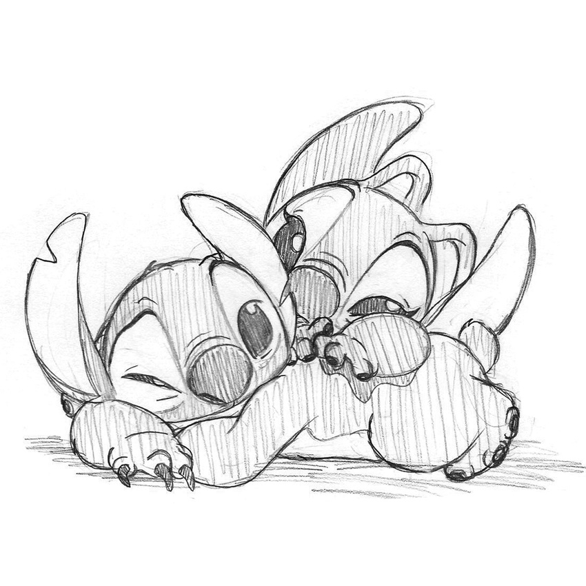 2014 absurd_res alien angel_(lilo_and_stitch) antennae claws cuddling disney duo experiment_(species) eyelashes greyscale hi_res jackfreak1994 lilo_and_stitch looking_back lying monochrome nose_wrinkle notched_ear on_front on_ground one_eye_closed pencil_(artwork) romantic_couple simple_background small_tail stitch traditional_media_(artwork) white_background