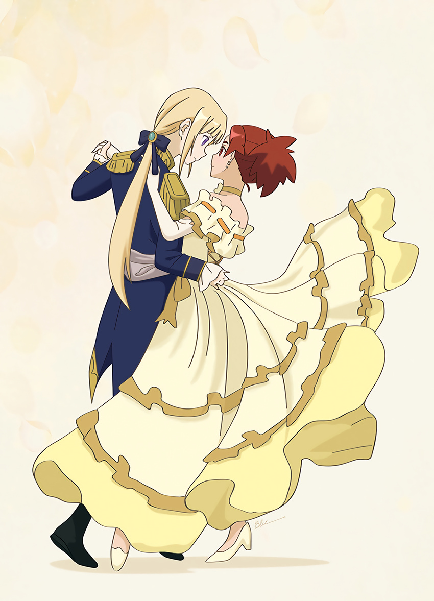 2girls alternate_costume alternate_outfit bare_shoulders black_boots blonde_hair blu blue_clothes blue_suit boots choker closed_mouth costume couple dance dancing dress_lift earrings elbow_gloves epaulettes eye_contact face-to-face female formal full_body gloves hair_ornament hair_ribbon hand_holding high_heels izetta izetta_(shuumatsu_no_izetta) jewelry long_dress long_hair long_sleeves looking_at_another low_ponytail matching_hair/eyes multiple_girls mutual_yuri neck off-shoulder_dress ortfine_fredericka_von_eylstadt ponytail princess purple_eyes red_eyes red_hair ribbon shadow short_hair shuumatsu_no_izetta smile standing suit tomboy white_gloves white_high_heels white_shoes yellow_choker yellow_dress yuri