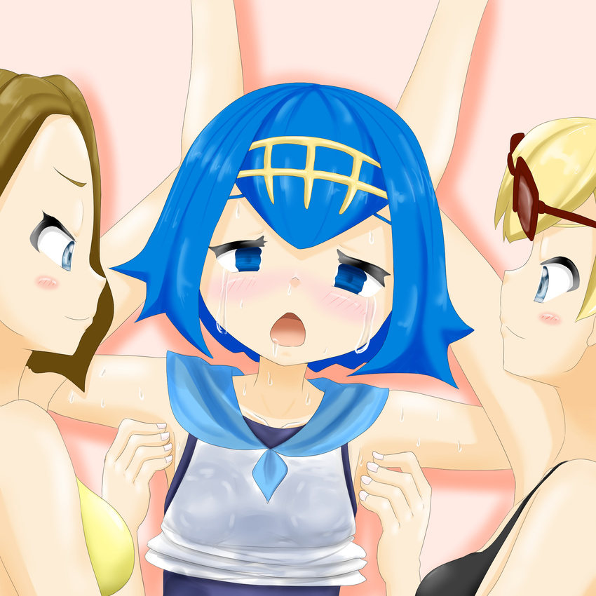 3girls arm_up armpits arms_up artist_request bikini black_bikini blonde_hair blue_eyes blue_hair blue_sailor_collar blue_swimsuit blush breasts brown_hair collarbone drooling empty_eyes flat_chest from_above from_side glasses hair_ornament hairband half-closed_eyes hand_up highres looking_at_viewer looking_to_the_side lying matching_hair/eyes multiple_girls npc_trainer on_back on_side one-piece_swimsuit open_mouth pink_background pokemon pokemon_sm red-framed_eyewear red-framed_glasses restrained sailor_collar saliva shirt shirt_lift short_hair simple_background sleeveless sleeveless_shirt small_breasts smile suiren_(pokemon) sunglasses sweat swimmer_(pokemon) swimsuit tears tickling wet_clothes wet_shirt white_shirt yellow_bikini