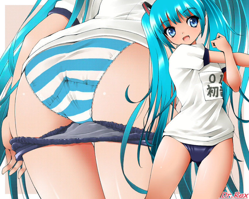 :d aqua_hair artist_name ass ass_visible_through_thighs bangs beige_background blue_buruma blue_eyes blue_panties breasts buruma buruma_pull character_name clenched_hand close-up clothes_writing commentary_request cowboy_shot dithering dr_rex eyebrows_visible_through_hair from_behind gym_shirt gym_uniform hair_ornament hand_up happy hatsune_miku head_tilt hips lace lace-trimmed_panties leaning_forward legs_apart legs_together long_hair looking_at_viewer lower_body multiple_views name_tag number open_mouth outside_border outstretched_arm panties panties_under_buruma pinky_out pulled_by_self shiny shiny_hair shirt short_sleeves simple_background small_breasts smile standing straight_hair stretch striped striped_panties thigh_gap translated twintails underwear undressing very_long_hair vocaloid white_panties