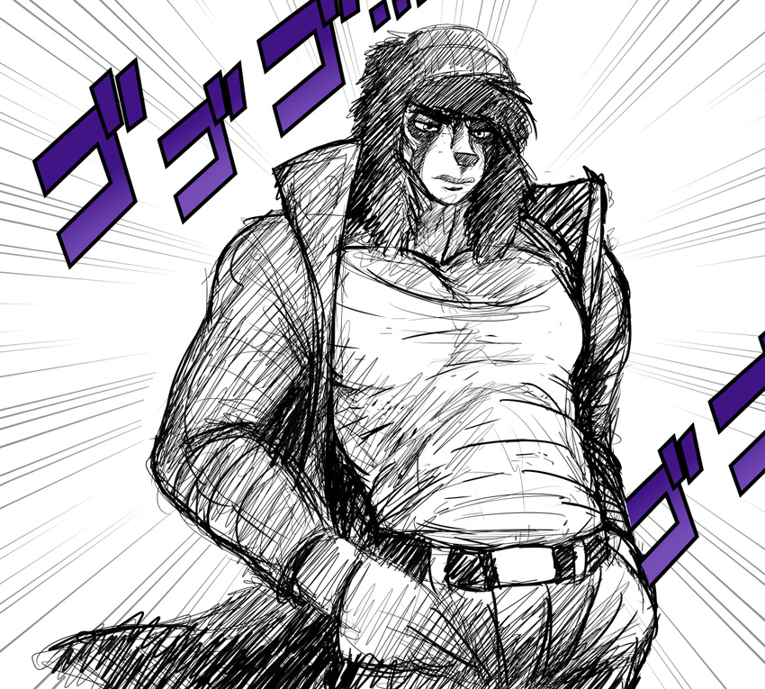 anthro beanie belt clothed clothing fully_clothed hair hat hladilnik jacket jojo's_bizarre_adventure male mammal muscular nobby_(character) pants sloth solo spot_color ゴゴゴゴゴ