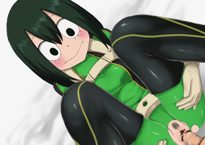 1girl :&gt; asui_tsuyu bar_censor beige_gloves black_eyes black_legwear blush bodysuit boku_no_hero_academia breasts censored clitoris closed_mouth erection green_hair hair_between_eyes hetero leg_lift looking_at_another lying male_pubic_hair medium_breasts meronshiroppu missionary on_back penis pointless_censoring pubic_hair pussy sex solo_focus thighhighs torn_bodysuit torn_clothes vaginal