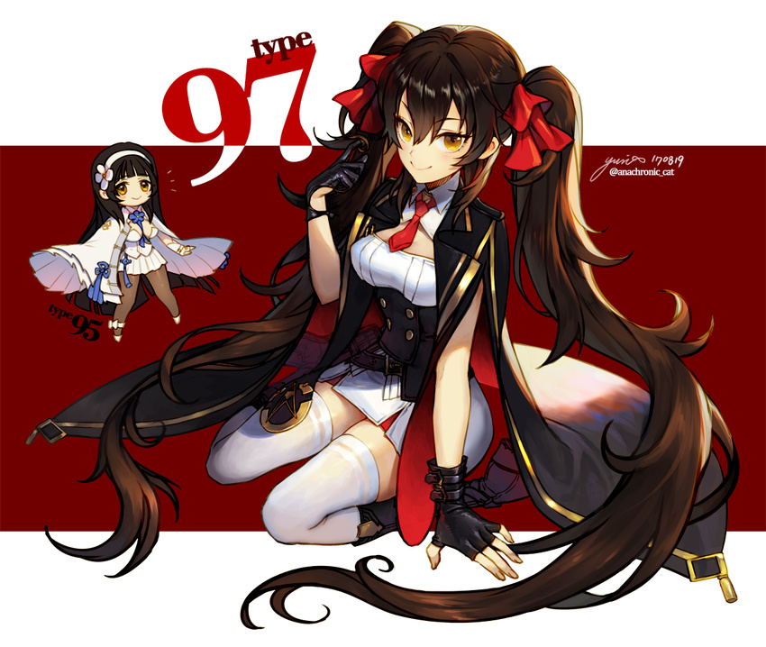 between_breasts black_cape black_gloves black_hair blue_neckwear bow breasts cape character_name chibi dated fingerless_gloves girls_frontline gloves hair_bow hairband long_hair multiple_girls necktie qbz-95_(girls_frontline) qbz-97_(girls_frontline) red_background red_bow red_neckwear signature sitting skirt smile thighhighs twintails twitter_username wariza white_cape white_gloves white_hairband white_legwear white_skirt yellow_eyes yuri_(anachronic)