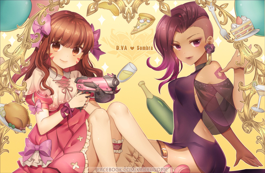 alternate_costume asymmetrical_hair atobesakunolove balloon bangs bottle bow breasts brown_eyes brown_hair cake character_name cocktail_glass covered_navel cup d.va_(overwatch) dark_skin dress drinking_glass earrings eyebrows_visible_through_hair eyeshadow facepaint facial_mark finger_on_trigger food fork frilled_dress frills gradient gradient_background gun hair_bow handgun highres holding holding_gun holding_weapon jewelry knees_together_feet_apart leg_belt leg_garter lime_slice lipstick long_hair looking_at_viewer makeup medium_breasts medium_hair mole mole_under_eye multicolored_hair multiple_girls overwatch pink_bow pink_dress pistol pizza plate puffy_short_sleeves puffy_sleeves purple_dress purple_eyes purple_hair ribbon see-through short_dress short_sleeves sideboob sitting small_breasts smile sombra_(overwatch) sparkle swept_bangs taut_clothes taut_dress turkey_(food) two-tone_hair undercut watermark weapon web_address whisker_markings wine_bottle wine_glass wrist_ribbon yellow_background