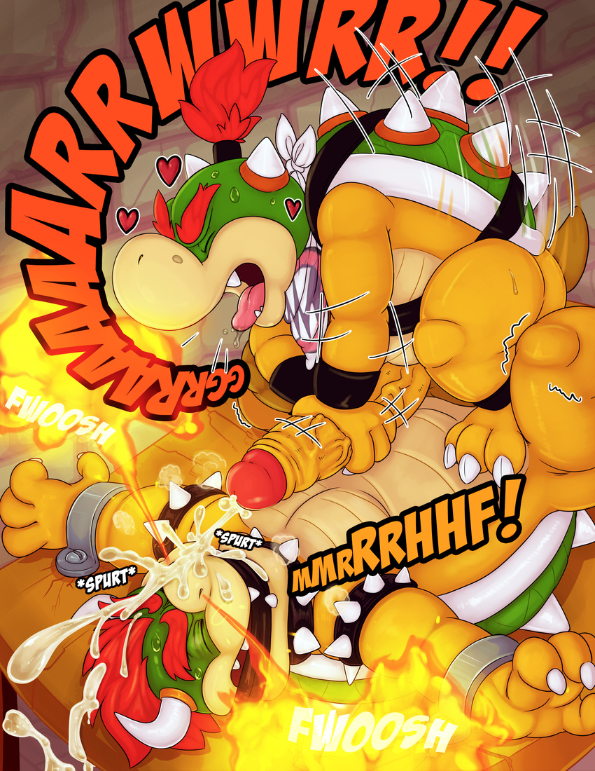 &lt;3 absurd_res anal anal_penetration balls bowser bowser_jr. cock_ring comic cum cumshot duo ejaculation erection eyes_closed father father_and_son fire fire_breathing hi_res humanoid_penis incest koopa long_penis male male/male mario_bros masturbation nintendo orgasm parent penetration penis puggy scalie sex son spiked_cockring tongue tongue_out video_games