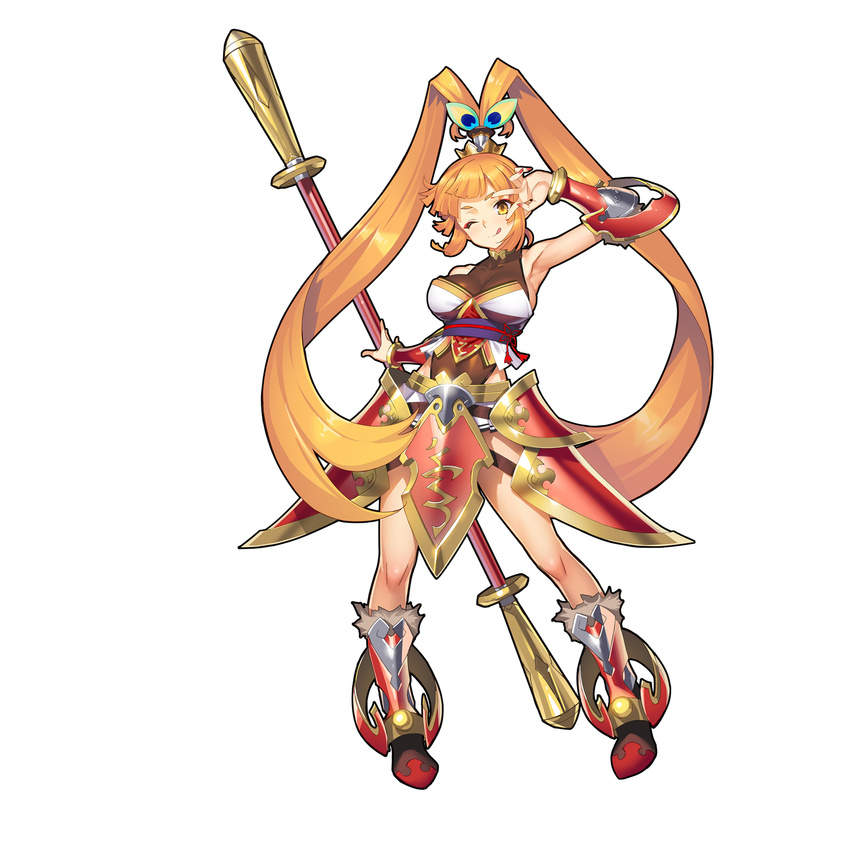 :q absurdres armor armpits bangs black_leotard blunt_bangs boots breasts commentary_request fur_trim hair_ornament high_ponytail highres holding holding_staff large_breasts leotard long_hair looking_at_viewer official_art one_eye_closed orange_hair ponytail red_footwear sangai_senki see-through simple_background smile solo staff standing sun_wukong_(sangai_senki) tongue tongue_out v v-shaped_eyebrows v_over_eye vambraces very_long_hair white_background yangsion yellow_eyes