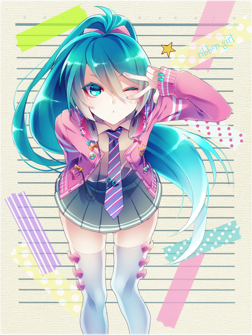 1girl alternate_hairstyle blue_eyes blue_hair blue_nails blue_neckwear bow floating_hair grey_legwear grey_shirt grey_skirt hair_between_eyes hair_bow hatsune_miku headphones headphones_around_neck high_ponytail highres leaning_forward long_hair miniskirt nail_polish necktie one_eye_closed pink_bow pleated_skirt project_diva_(series) project_diva_f ribbon_girl_(module) shirt skirt solo standing striped striped_neckwear thighhighs very_long_hair vocaloid zettai_ryouiki