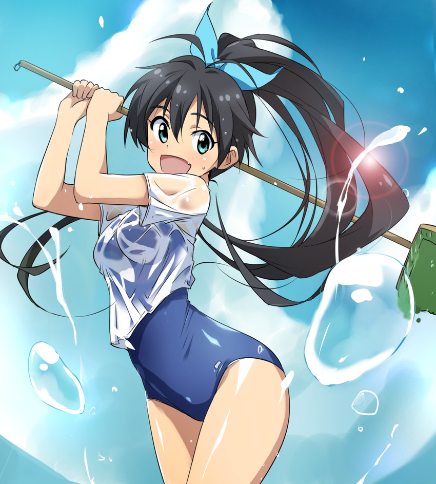 antenna_hair aqua_eyes black_hair bow cleaning_brush fang ganaha_hibiki hair_bow highres idolmaster idolmaster_(classic) lens_flare long_hair looking_at_viewer one-piece_swimsuit open_mouth ponytail school_swimsuit see-through solo splashing swimsuit swimsuit_under_clothes tokiani water_drop wet wet_clothes