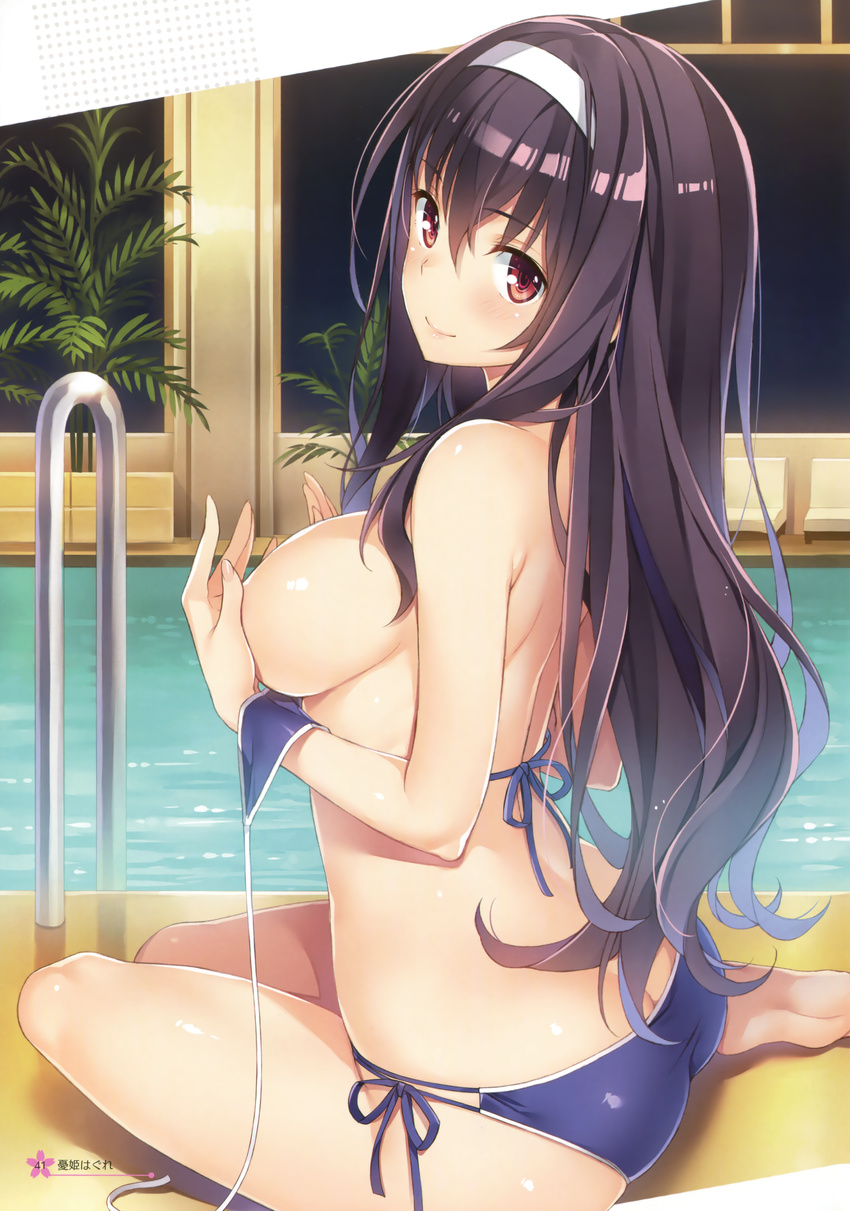 absurdres ass bare_arms bare_shoulders barefoot bikini breasts butt_crack closed_mouth covering_nipples fingernails from_side hair_between_eyes hairband highres indoors kasumigaoka_utaha large_breasts long_hair looking_at_viewer looking_back multi-strapped_bikini pool_ladder poolside purple_bikini purple_hair red_eyes saenai_heroine_no_sodatekata shiny shiny_skin side-tie_bikini sideboob sidelocks sitting smile solo swimsuit untied untied_bikini yokozuwari yuuki_hagure